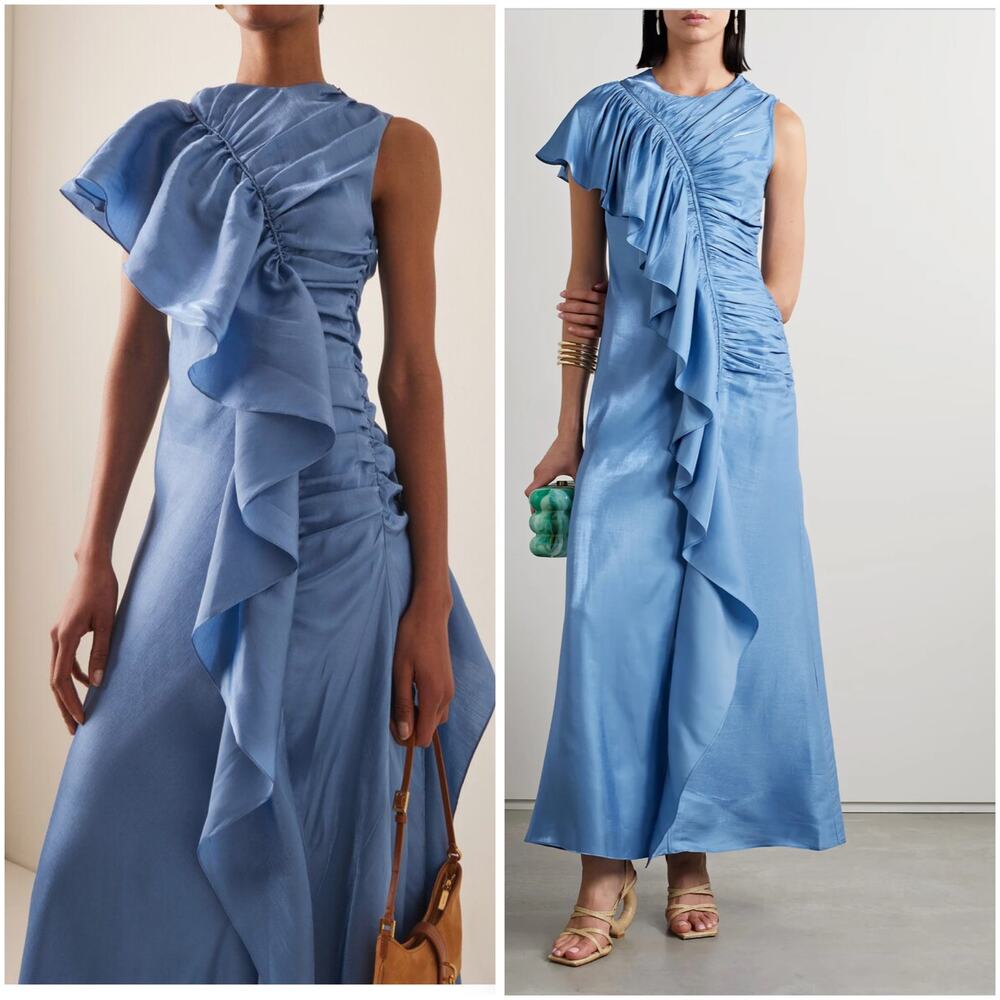 Ulla Johnson Lali River Blue Metallic Chiffon Ruched Ruffle Gown Size 0